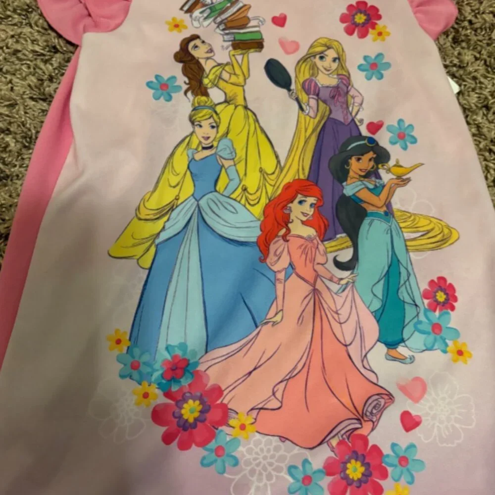 Disney Princess Nightgown 4 Pink Ariel Rapunzel Jasmine Belle Cinderella Ruffle - Picture 2 of 3